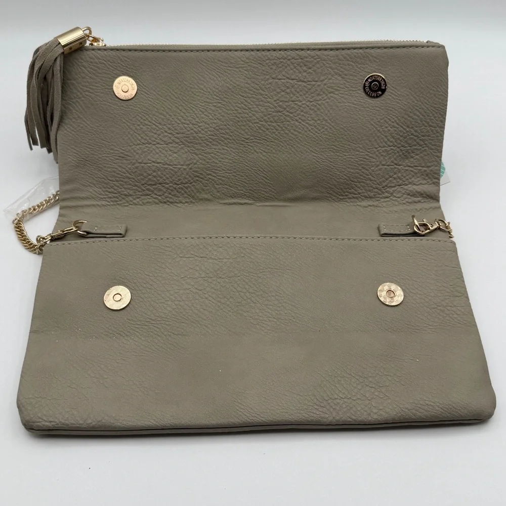 Octavia Palermo Stitch‎ Detail Clutch Crossbody Light Grey Gold Tassel NWT